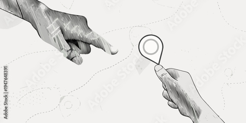 Two hands reaching one holding a magnifying glass over a map