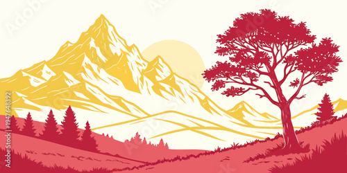 A tree stands in front of a mountain range at sunset Vector
