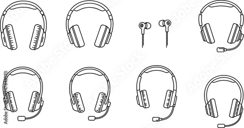 Headphones and earphones outline icon set with gaming headset audio listening devices line vector illustration collection for music technology