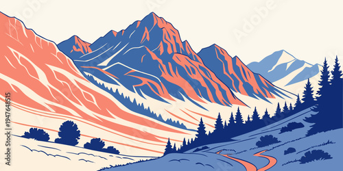 A mountain range with trees and snow Vector