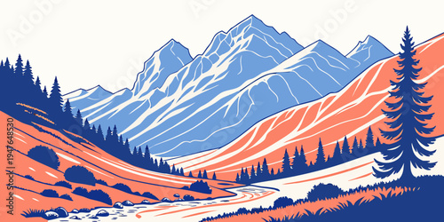 A mountain range with trees on a hillside Vector