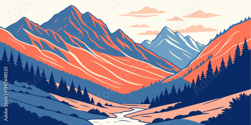 A mountain range with trees and a lake Vector