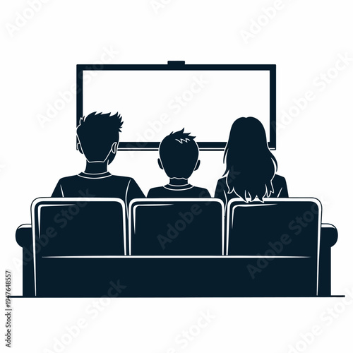 Silhouette vector illustration of an audience sitting and watching a large presentation screen or movie, representing a cinema, conference, or educational seminar.