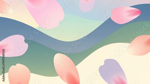 Abstract pastel background featuring soft wavy lines and falling pink cherry blossom petals for spring season landscape design and art