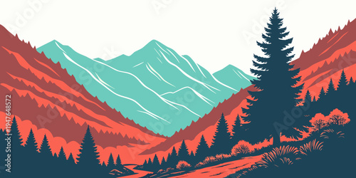 A mountain landscape with a pine tree in the foreground Vector
