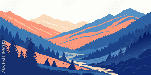 A serene mountain landscape with a river flowing through it Vector