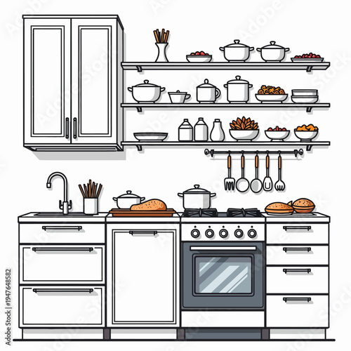 Detailed line art vector illustration of a modern kitchen interior, featuring cabinets, appliances, and cookware, perfect for home design and cooking concepts.