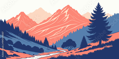 A scenic mountain landscape with trees and hills Vector