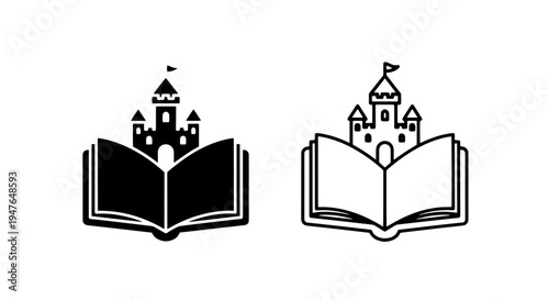 Open book with castle icon for fantasy stories, education, and fairytale concepts