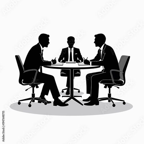 Silhouette vector illustration of a corporate business team having a meeting around a conference table, discussing strategy and planning.