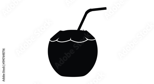 Black silhouette of a coconut with a drinking straw inserted