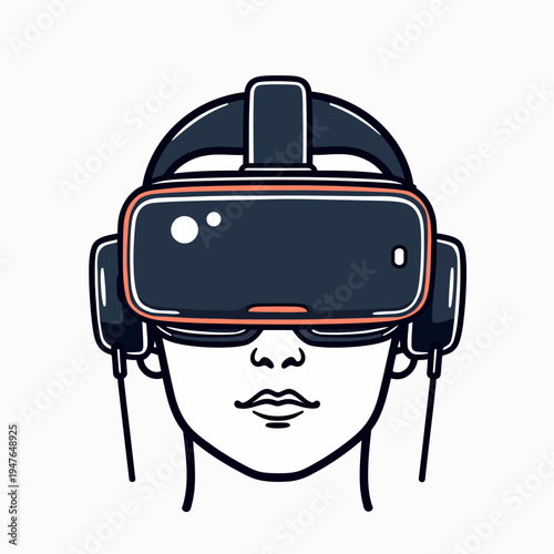 Line art vector illustration of a person's head wearing a Virtual Reality (VR) headset, symbolizing the metaverse, gaming, or futuristic digital technology.