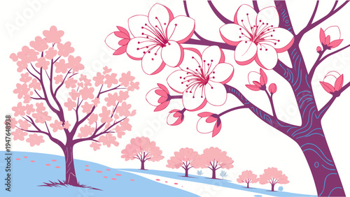 A pink cherry blossom tree on a hill Vector