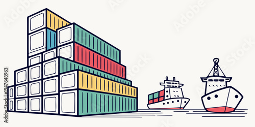 A cargo ship and stacked shipping containers Vector
