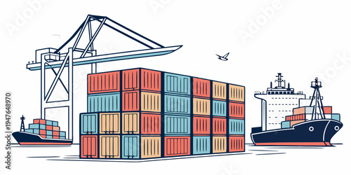 A stack of shipping containers next to a cargo ship and crane Vector