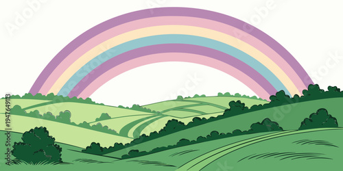A colorful rainbow over a green landscape Vector