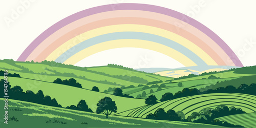 A colorful rainbow over a green landscape Vector