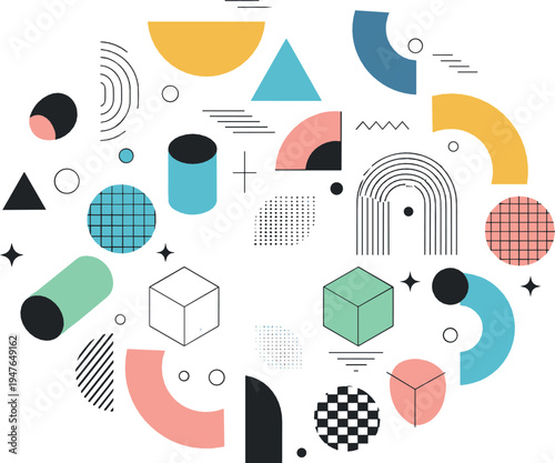 Abstract geometric shapes composition vector illustration with modern colorful circles, arches, cubes and minimal Memphis style design elements