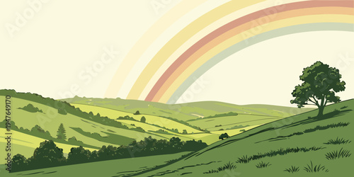 A tree on a green hill under a rainbow Vector