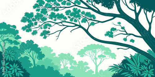A forest scene with various trees and foliage in different shades of green Vector