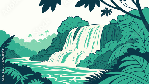 A pixel art waterfall in a lush green jungle Vector