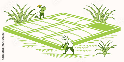 Two people working together on a large green grid Vector