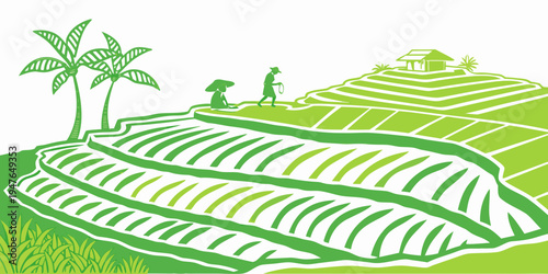 A green illustration of a rice field with palm trees Vector