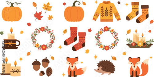 Autumn cozy elements vector illustration set featuring pumpkins, fall leaves, candles, wreaths, sweater, socks, fox, hedgehog and seasonal harvest decorations