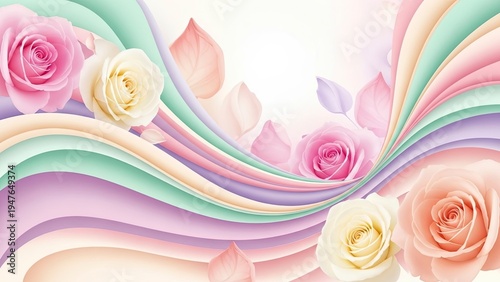 Elegant Pastel Abstract Floral Background with Soft Flowing Waves and Delicate Pink Peach and White Roses for Romantic Wedding and Beauty Design