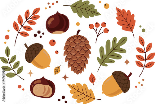 Autumn Forest Elements Vector Collection with Acorn Pinecone Chestnut Oak Leaves Fall Nature Illustration Set