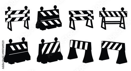 Collection of black and white striped road barriers in various views