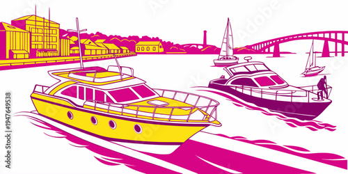Two boats are sailing on the water near a city Vector