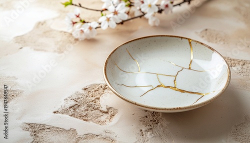 金継ぎの器・桜とベージュ背景のミニマル静物（余白あり）