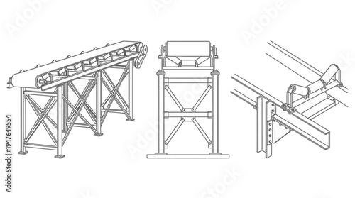Industrial Conveyor Belt Systems in Detailed Line Drawings