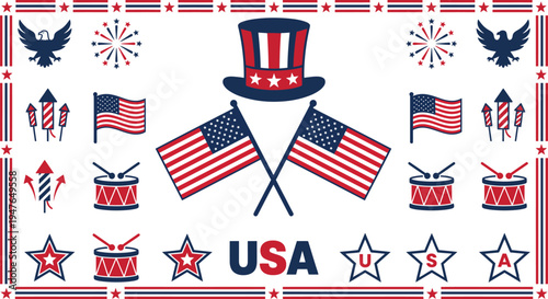 Patriotic usa themed icons and symbols including flags, eagles, fireworks, stars, and top hat