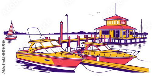 Red and yellow boats docked at a pier Vector