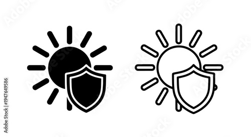 Sun protection and uv defense icon set with shield symbol