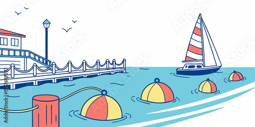 A sailboat and buoys floating on a body of water near a pier Vector