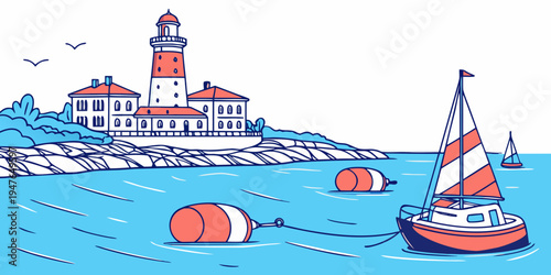 A colorful illustration of a lighthouse by the sea with a sailboat Vector