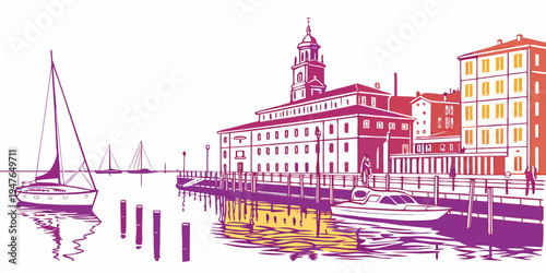 A cityscape with a large building and a boat in the water Vector