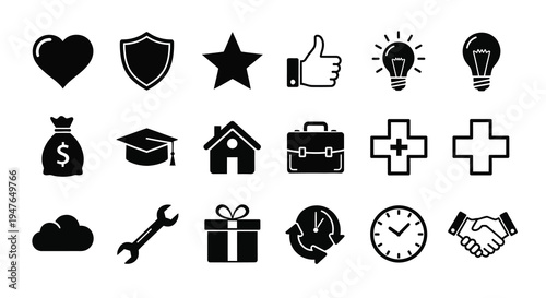 Collection of black icons representing various concepts a silhouette