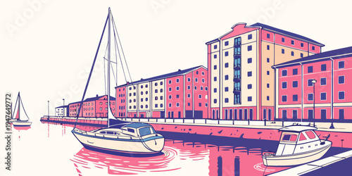A colorful illustration of a harbor with boats and buildings Vector
