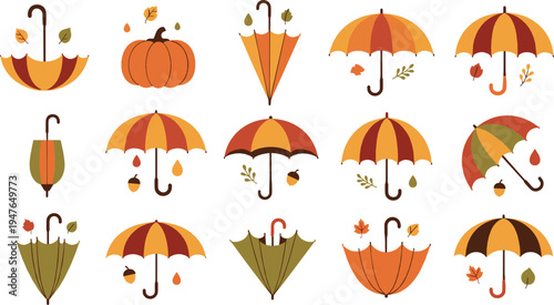 Autumn Umbrellas and Pumpkin Vector Collection with Fall Leaves Rainy Weather Seasonal Illustration Set