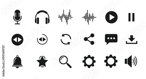 Collection of black audio and media player icons a minimalist silhouette