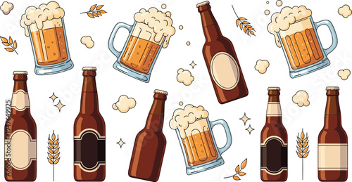 Beer bottles and frothy mug glasses vector set with craft brewery drinks, barley wheat elements and pub alcohol beverage illustration