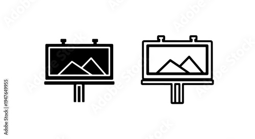 Billboard icon with mountain landscape illustration in solid and outline versions