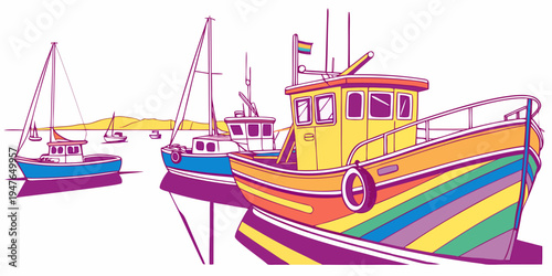 A colorful boat sitting on a dock next to the water Vector