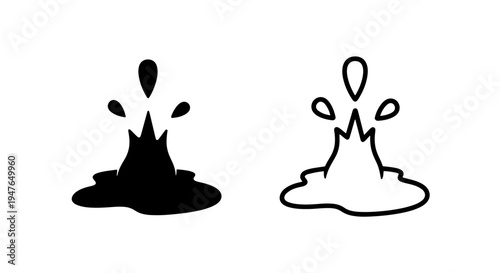Water splash icon and liquid puddle symbol in black solid and outline styles