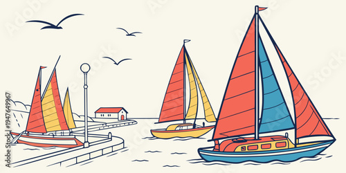 Sailboats on the water with seagulls flying overhead Vector
