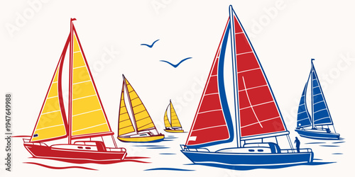 Sailboats on the water with birds flying overhead Vector